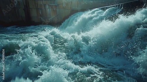 Powerful torrents of water churn vigorously at a dam, demonstrating the might of hydraulic energy generation. photo