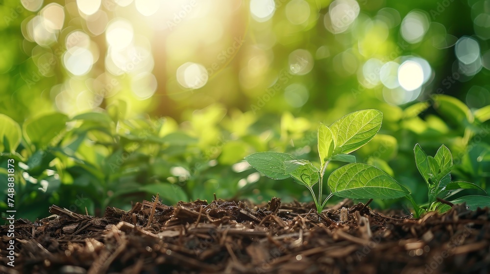 Sunlit young green plants emerging from rich mulch soil, symbolizing growth and the start of a new life cycle in nature. Sunlit young green plants emerging from rich mulch soil, symbolizing growth and the start of a new life cycle in nature.