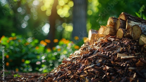 A rustic pile of chopped firewood and woodchips is illuminated by dappled sunlight in a lush green forest.