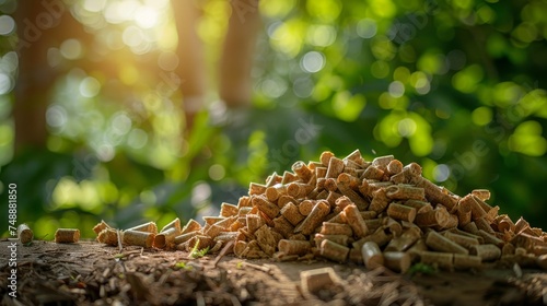 Sunlight filters through the trees, highlighting a neat pile of wooden pellets on the forest floor. photo
