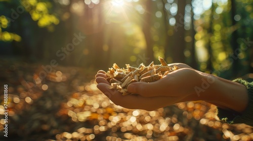 A hand cradles a collection of woodchips against the backdrop of a sun-drenched, leaf-strewn forest floor.