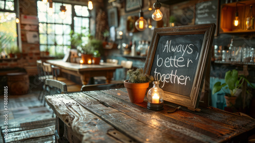 text "Always better together." draw with white chalk on blackboard with business elements,generative ai © Chanya2498