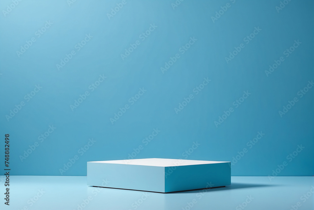 Empty pedestal display on blue background with blank stand for product show or presentation Empty pedestal display on blue background with blank stand for product show or presentation