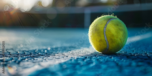 Worn tennis ball on blue court at sunset. Close-up of used tennis ball with court lines Tennis ball on a quiet court left after tennis practice.