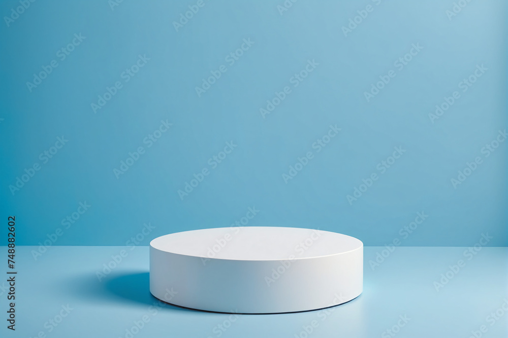 Empty pedestal display on blue background with blank stand for product show or presentation Empty pedestal display on blue background with blank stand for product show or presentation