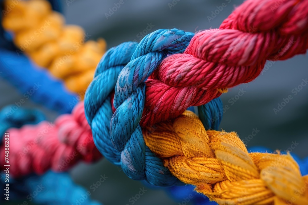 diverse ropes connected together as a symbol for cooperation and working collaboration. ai generated