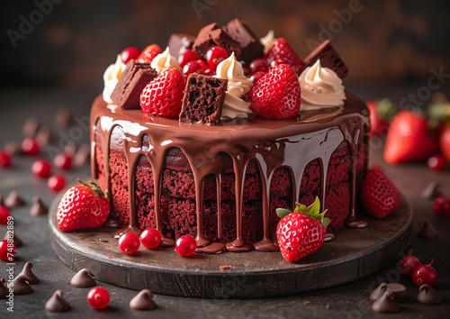 Runder, kleiner Schokoladenkuchen, dekoriert mit frischen Erdbeeren, Sahnetuffs und Browniestücken photo