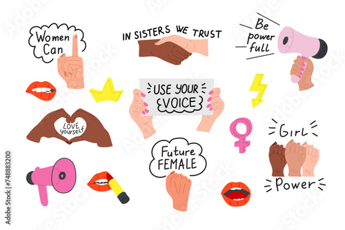Feminist movement symbols vector set. Flat girls power stickers with fists up and feminism slogans. Strong black women rights. Super girl.