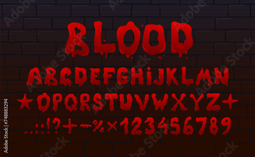 Scary font for Halloween with splashes and drops of blood, Flowing grunge red letters on a brick wall. Horror, autumn night, murder. Vintage vector comic illustration for banner, flyer, element design