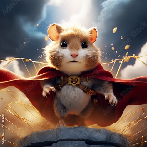 As the first light of sunrise pierces the clouds, a heroic hamster stands poised on a rocky outcrop, its cape fluttering in the wind, ready for an epic adventure. © Anocha