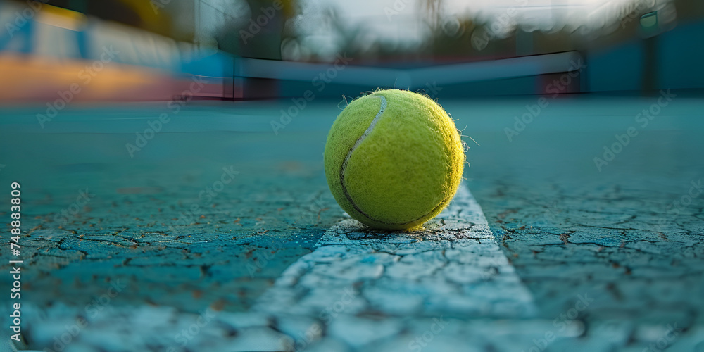 Ball next to the lines on a paddle tennis court. Racket sport concept. tennis ball hitting clay courts at high speed banner made.