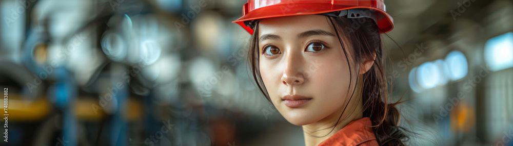 Asian working woman wearing safety helmet on white background with copy space. Female engineer, technician, supervisor,generative ai Asian working woman wearing safety helmet on white background with copy space. Female engineer, technician, supervisor,generative ai