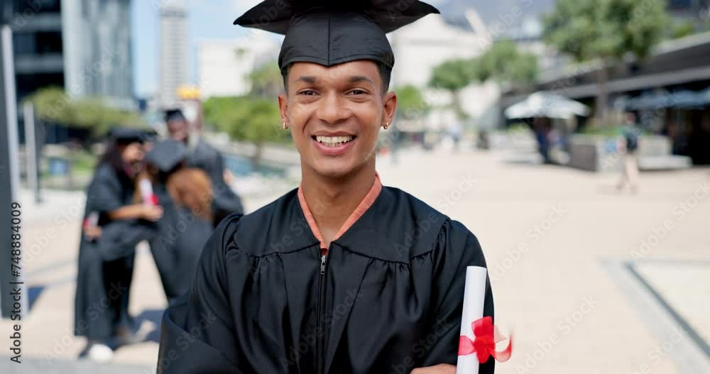 Face, graduation and arms crossed with student man outdoor on campus of ...