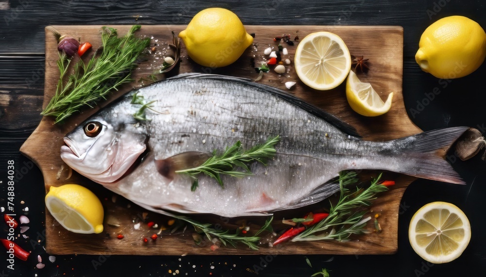 Fresh uncooked dorado or sea bream fish with lemon, herbs, oil, vegetables and spices on rustic wood