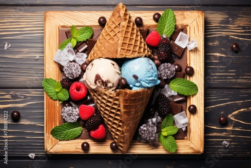 Delicious ice cream with berries and chocolate in waffle cones on wooden background