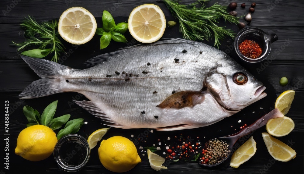 Fresh uncooked dorado or sea bream fish with lemon, herbs, oil, vegetables and spices on rustic wood Fresh uncooked dorado or sea bream fish with lemon, herbs, oil, vegetables and spices on rustic wood