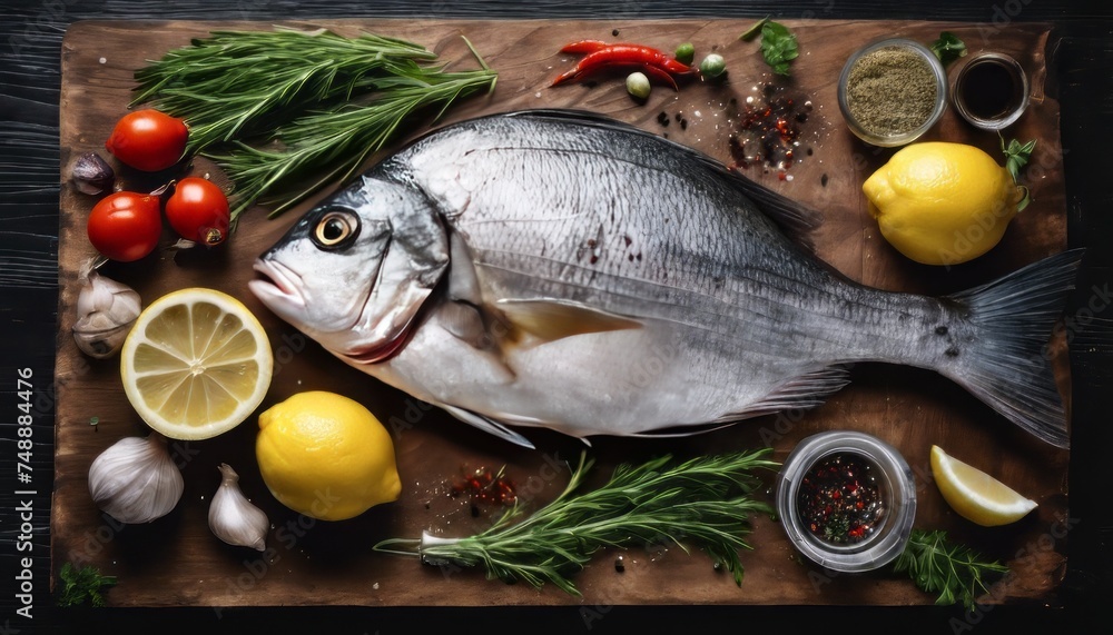 Fresh uncooked dorado or sea bream fish with lemon, herbs, oil, vegetables and spices on rustic wood Fresh uncooked dorado or sea bream fish with lemon, herbs, oil, vegetables and spices on rustic wood
