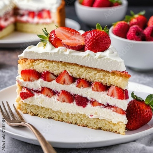 Delicious slice of homemade strawberry sponge cake with fresh berries and whipped cream on a white plate