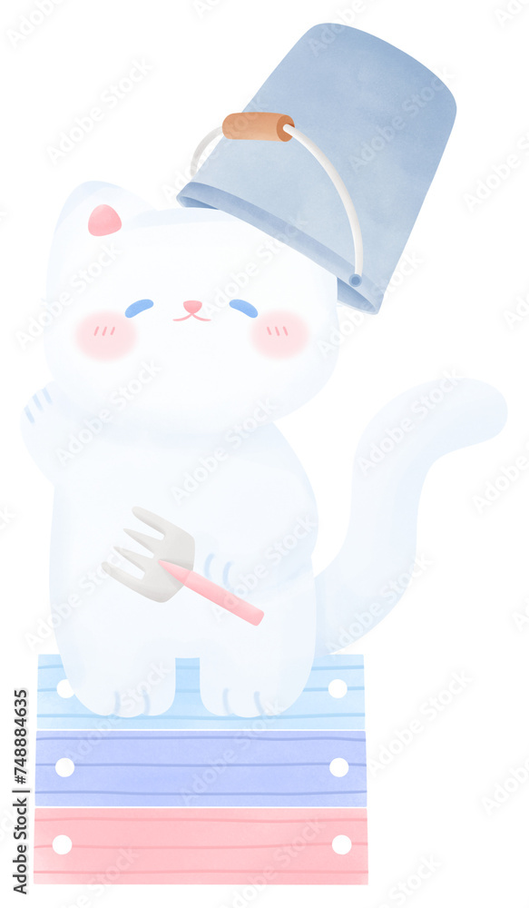 A cat sits on a wooden crate with a bucket of water A cat sits on a wooden crate with a bucket of water