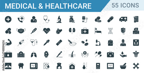Medical and healthcare solid icon set vector. icons such as medicine, injection, x-ray, bone, tooth, and hospital illustration	
