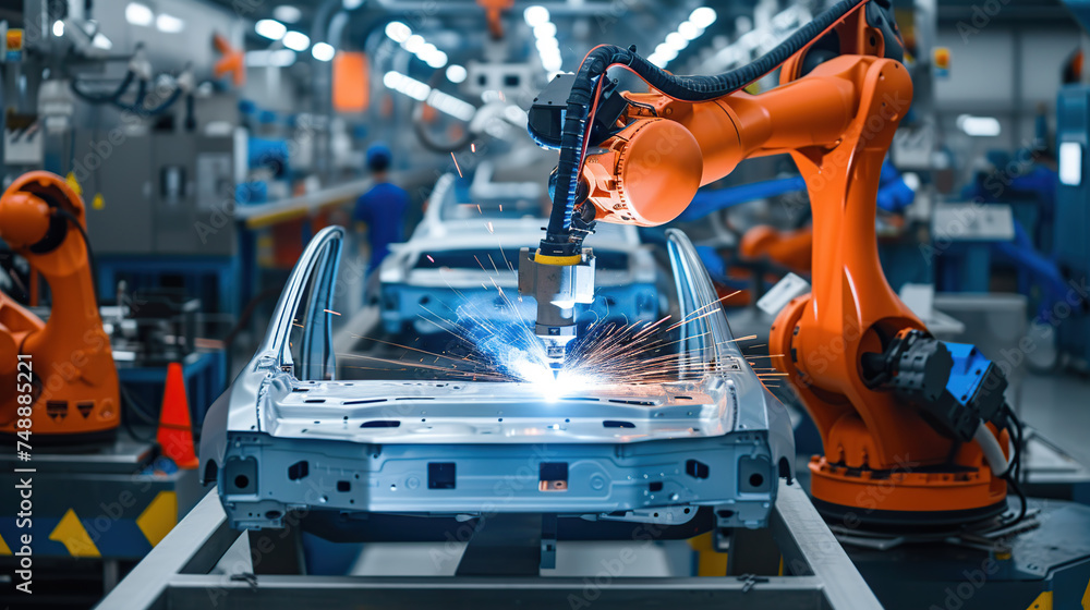 the robot welds parts of the car body at the factory the robot welds parts of the car body at the factory