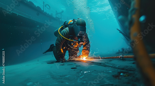 a man in scuba gear performs welding work on the ship's hull underwater photo