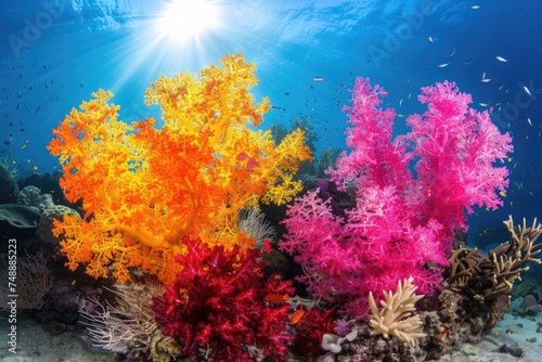 Realistic photo of ocean flora and fauna. Transparent clean water, colorful corals and algae. Empty space
