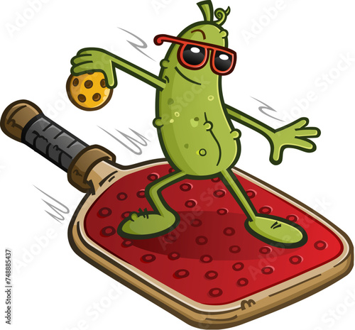 Pickle cartoon character with attitude zooming through the sky in a surfing position on a flying pickleball paddle and holding a yellow ball while wearing sunglasses