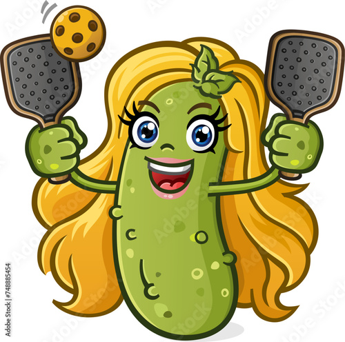 Pickle cartoon character blonde girl with full eyelashes and pink lipstick holding two pickleball paddles and a yellow plastic ball