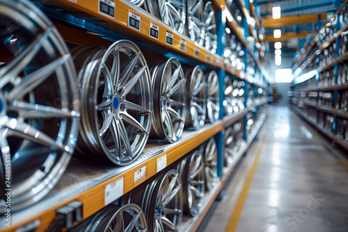 A bright warehouse with shelves full of car rims photo