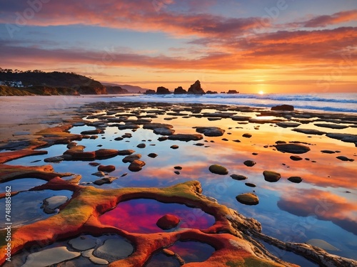 "Reflective Tide Pools: Exploring Nature's Canvas with Vivid Hues in a Beach Sunset"