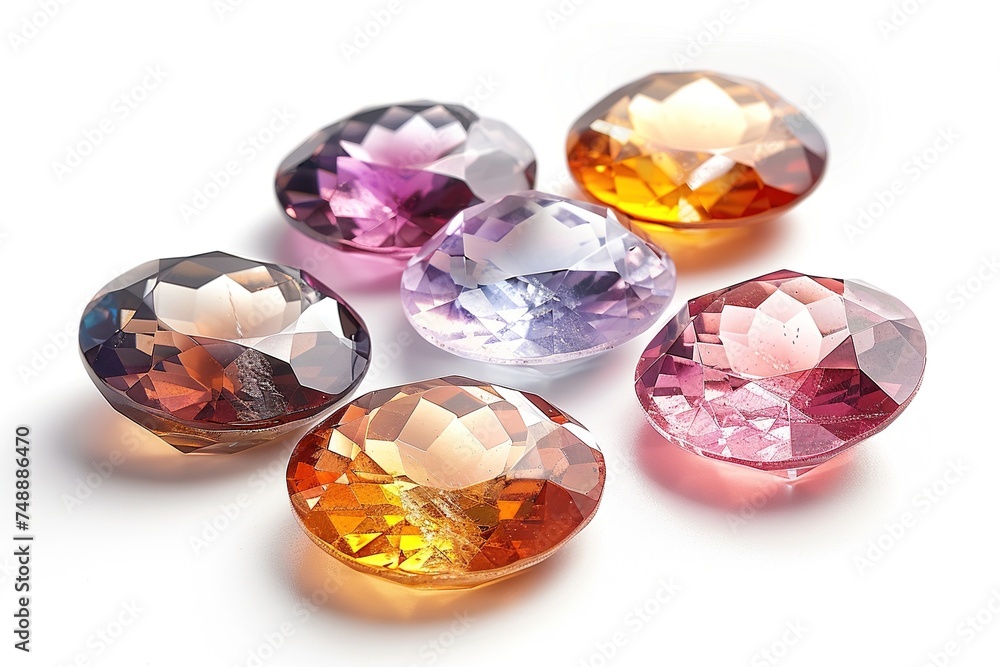 Fototapeta premium Jewel on white shine color, Collection of many different natural gemstones amethyst, lapis lazuli, rose quartz, citrine, ruby, amazonite, moonstone, labradorite, chalcedony, blue topaz