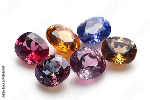 Jewel on white shine color, Collection of many different natural gemstones amethyst, lapis lazuli, rose quartz, citrine, ruby, amazonite, moonstone, labradorite, chalcedony, blue topaz