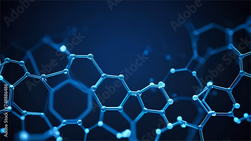 Molecules technology with polygonal shapes on dark blue background.
