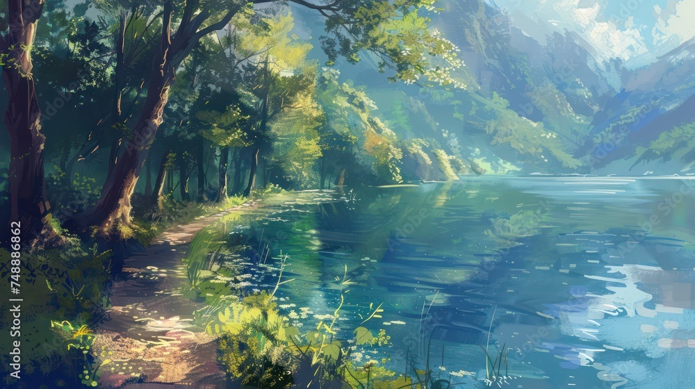 This illustration depicts a tranquil lake scene with lush trees, clear waters, and distant mountains, conveying peace and natural beauty This illustration depicts a tranquil lake scene with lush trees, clear waters, and distant mountains, conveying peace and natural beauty