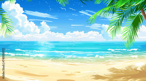 Design a summer background featuring a serene beach scene with golden sands