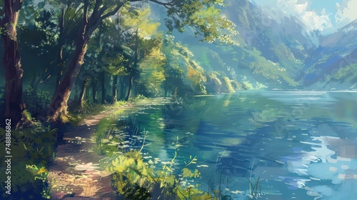 Wallpaper Mural This illustration depicts a tranquil lake scene with lush trees, clear waters, and distant mountains, conveying peace and natural beauty Torontodigital.ca