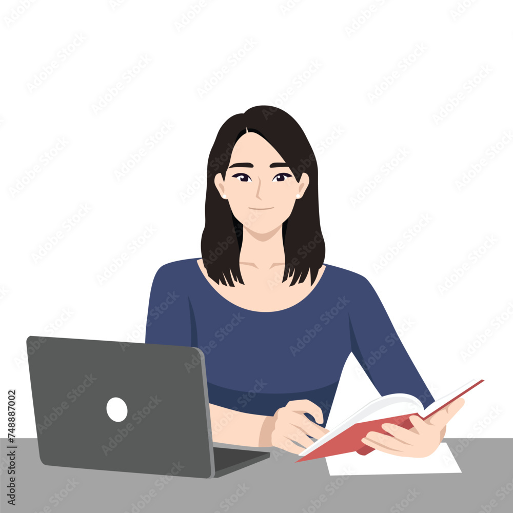 Young woman worker sitting while watching laptop screen at work desk and holding a book. Flat vector illustration isolated on white background Young woman worker sitting while watching laptop screen at work desk and holding a book. Flat vector illustration isolated on white background