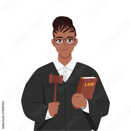Woman judge with gavel and constitution in court at session. Flat vector illustration isolated on white background