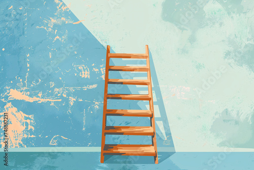 Abstract illustration of orange ladder against a textured blue wall
