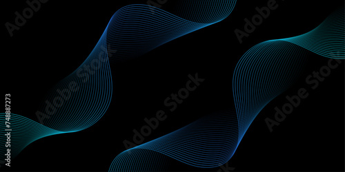 Abstract background with waves for banner. Medium banner size. Vector background with lines. Element for design isolated on black. Black and blue gradient. Brochure, booklet, flyer. Dark, night, ocean