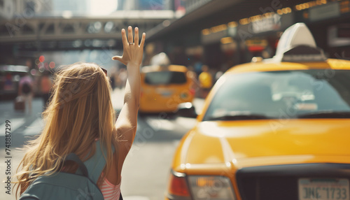 Girl with backpack calling yellow taxi cab raising arm-waving gesture in the city airport arrival zone. Traveling, airport transfer after arriving and city piblic transport concept