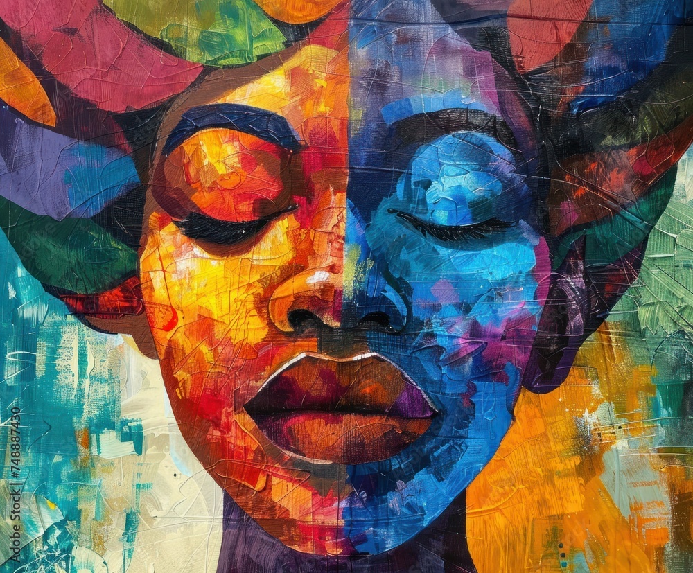 Vibrant Graffiti Mural of Woman's Face, Colorful street art depicting an abstract woman's face with a mosaic of rich, vibrant hues on a wall.