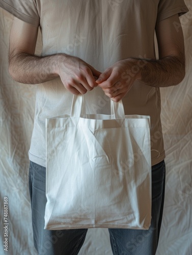 The image depicts a standing person from the waist up, captured indoors and facing the camera while holding the handles of an empty white tote bag with both hands. The tote bag appears to be made of c