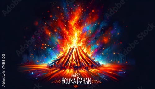 Vibrant and colorful watercolor painting of a large bonfire at night for holika dahan.