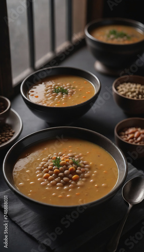 Photo Of Lentil Soup In A Dark Room With Window Light.