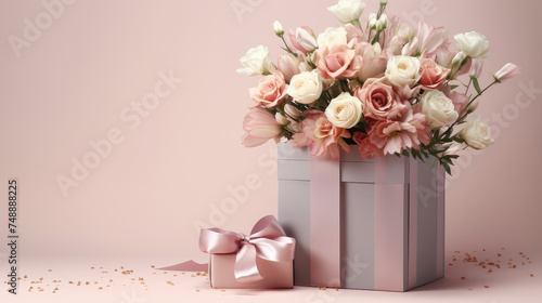 Large bouquet of flowers in a gift box on a pink background.