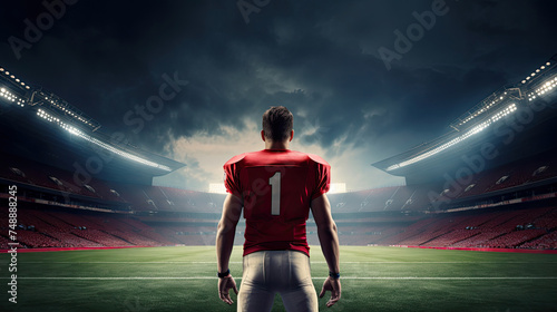 Rear view of an American football or rugby player on an empty stadium background. photo