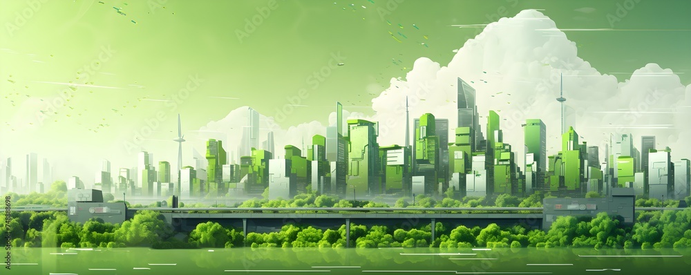 Modern urban landscape with green integration harmonious coexistence of technology and nature. Concept Urban Design, Green Infrastructure, Sustainable Cities, Nature-Inspired Architecture