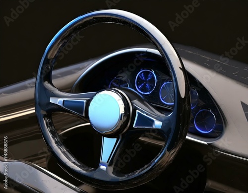 Futuristic Driving Experience: Car Steering Wheel Illuminated with Glowing Blue Lights